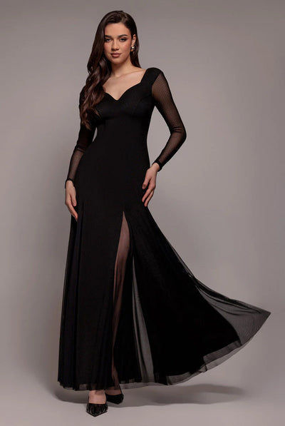 Black - Goddiva Dobby Mesh Insert Long Sleeve A-Line Maxi Dress - Black