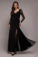 Goddiva Dobby Mesh Insert Long Sleeve A-Line Maxi Dress - Black