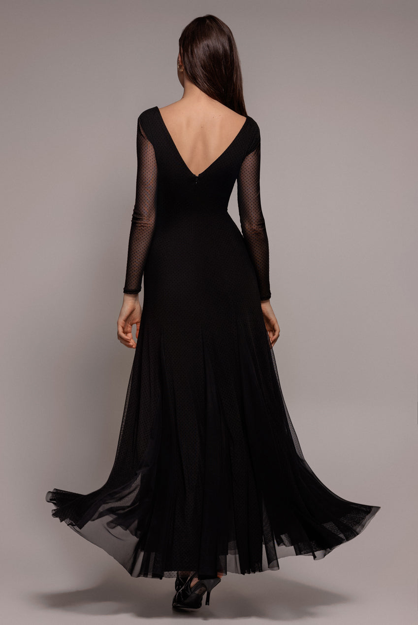 Goddiva Dobby Mesh Insert Long Sleeve A-Line Maxi Dress - Black