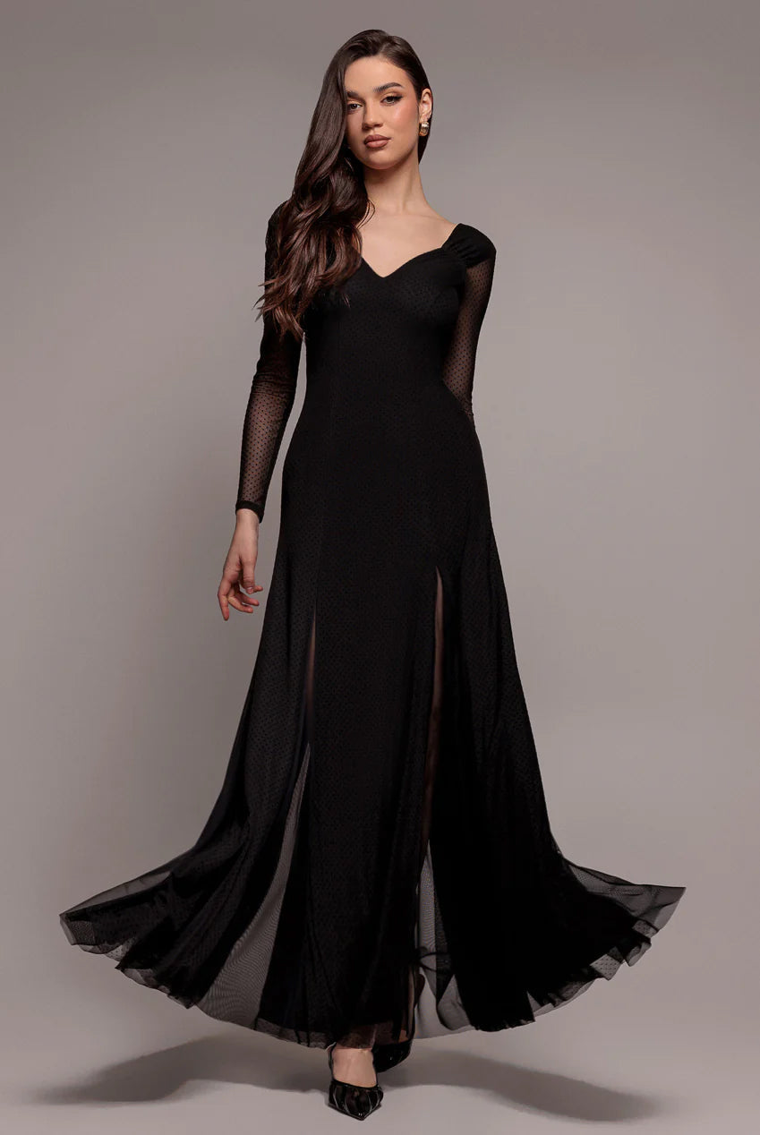 Goddiva Dobby Mesh Insert Long Sleeve A-Line Maxi Dress - Black