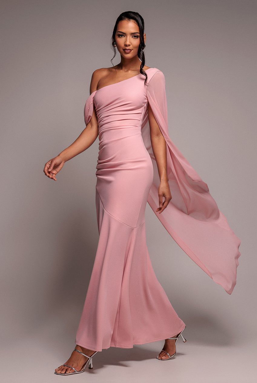 Goddiva One Shoulder Cape Scuba & Chiffon Maxi Dress - Blush Pink