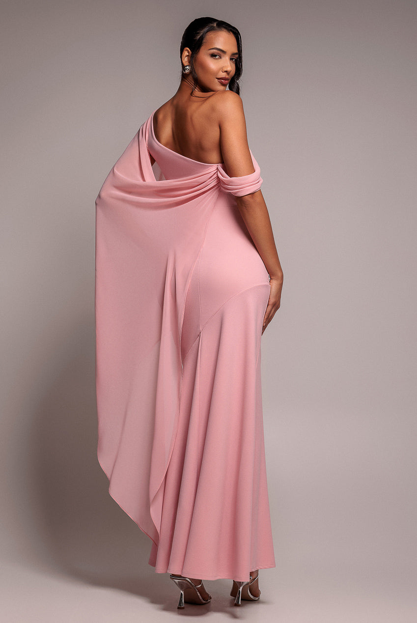 Goddiva One Shoulder Cape Scuba & Chiffon Maxi Dress - Blush Pink