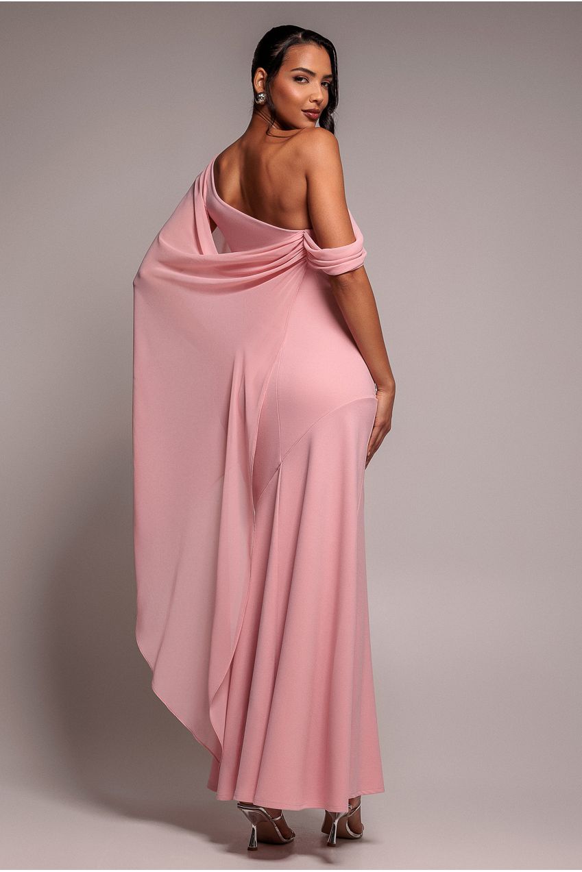 Goddiva One Shoulder Cape Scuba & Chiffon Maxi Dress - Blush Pink