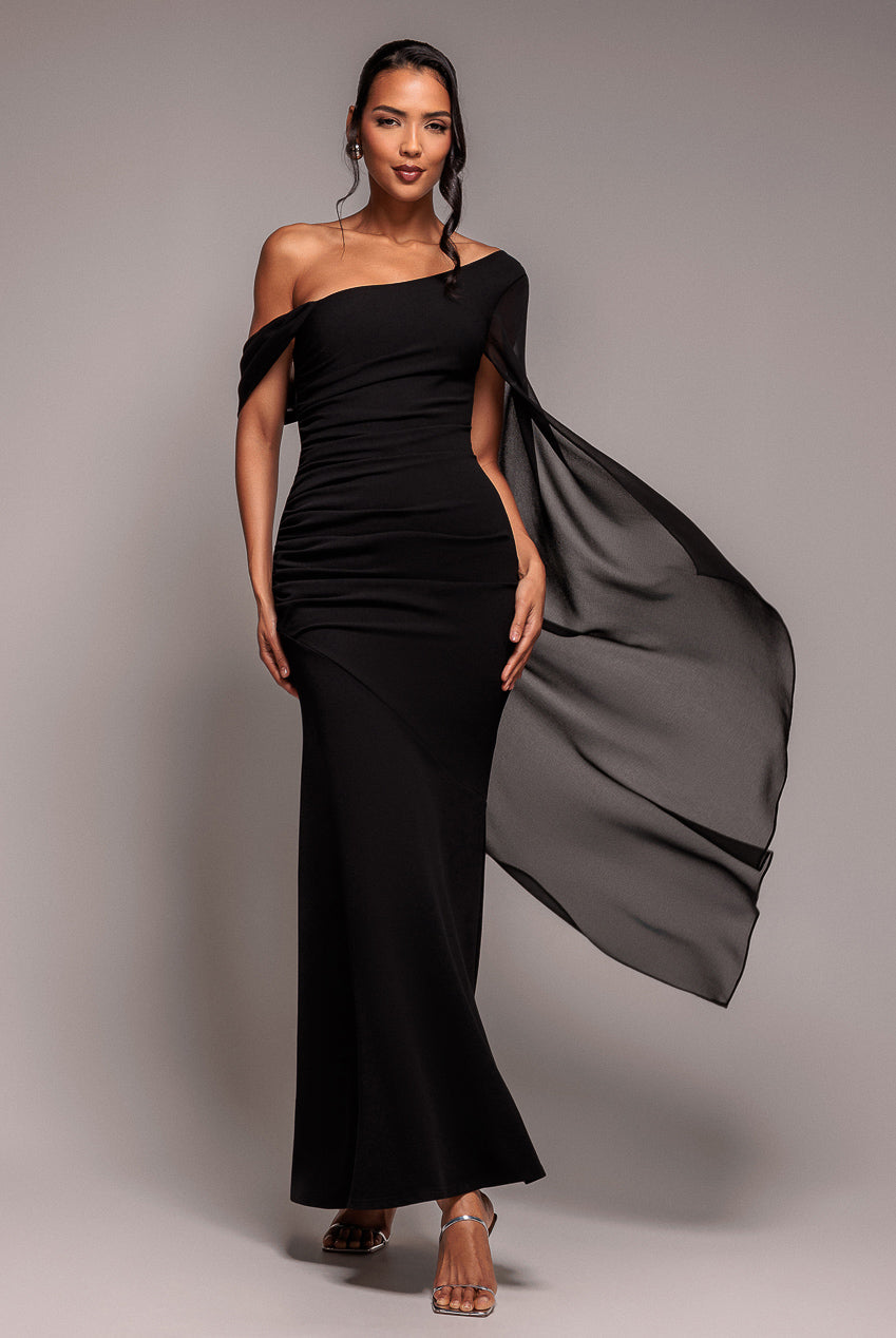 Goddiva One Shoulder Cape Scuba & Chiffon Maxi Dress - Black