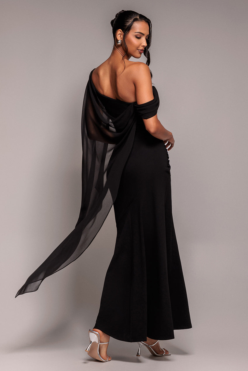 Goddiva One Shoulder Cape Scuba & Chiffon Maxi Dress - Black