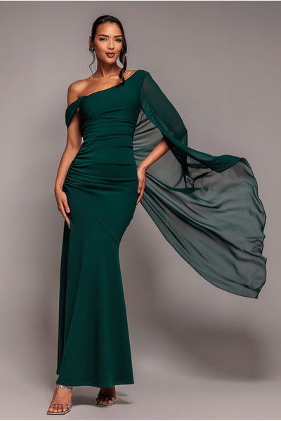 EmeraldGreen - Goddiva One Shoulder Cape Scuba & Chiffon Maxi Dress - Emerald Green