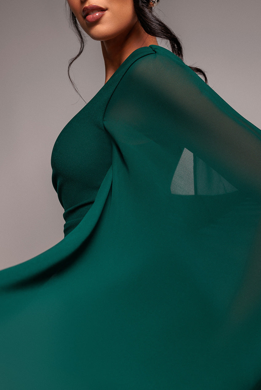 Goddiva One Shoulder Cape Scuba & Chiffon Maxi Dress - Emerald Green