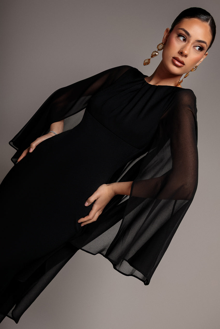Goddiva Cape Sleeve Chiffon And Scuba Crepe Maxi Dress - Black