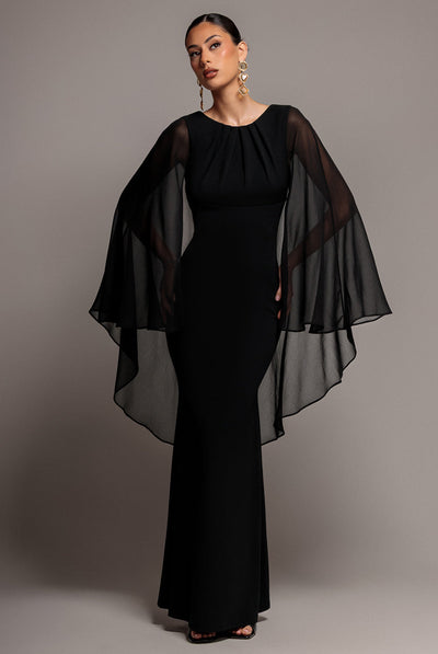 Black - Goddiva Cape Sleeve Chiffon And Scuba Crepe Maxi Dress - Black