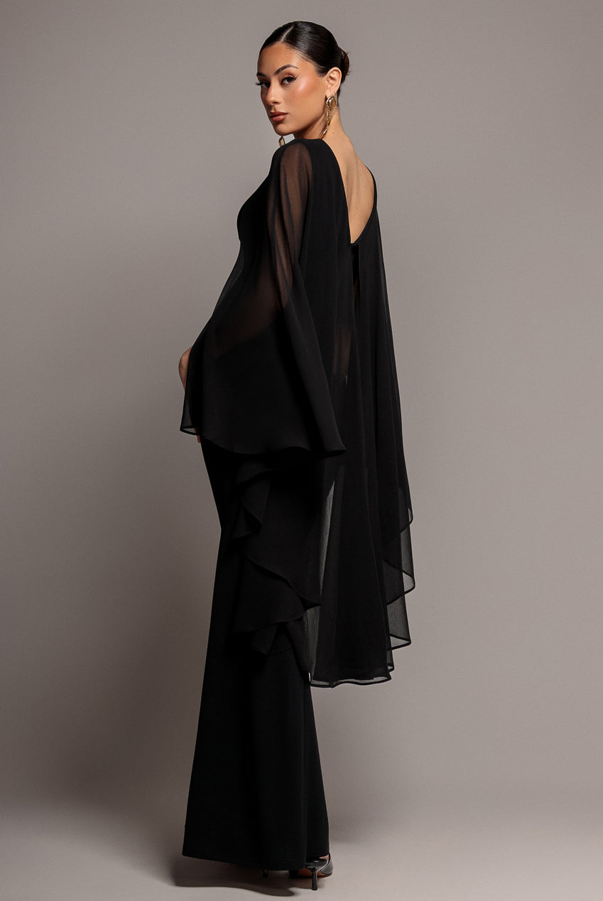 Goddiva Cape Sleeve Chiffon And Scuba Crepe Maxi Dress - Black
