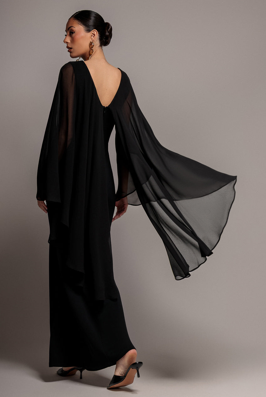 Goddiva Cape Sleeve Chiffon And Scuba Crepe Maxi Dress - Black