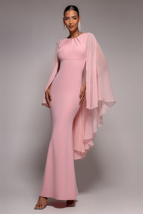 Goddiva Cape Sleeve Chiffon And Scuba Crepe Maxi Dress - Blush Pink