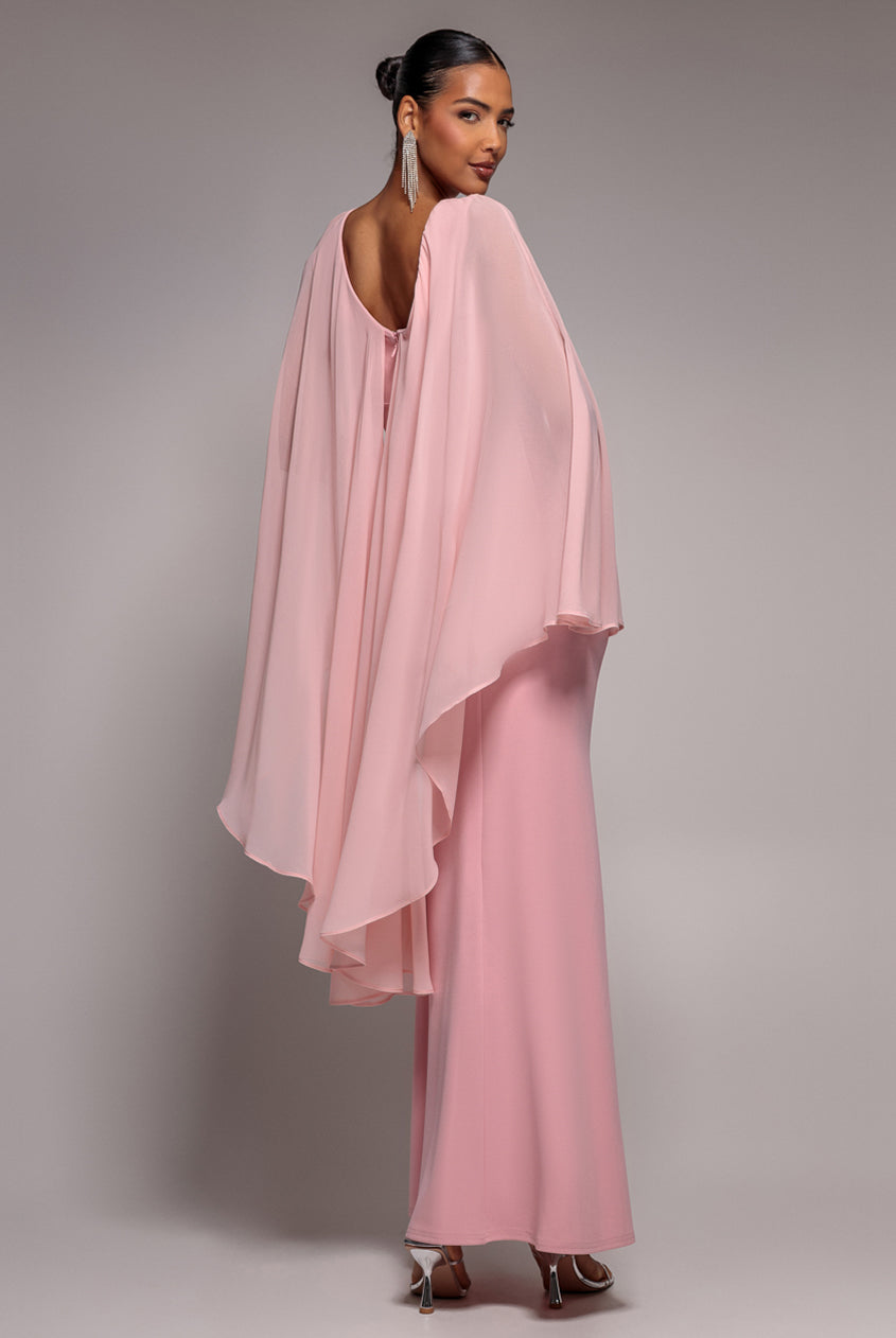 Goddiva Cape Sleeve Chiffon And Scuba Crepe Maxi Dress - Blush Pink