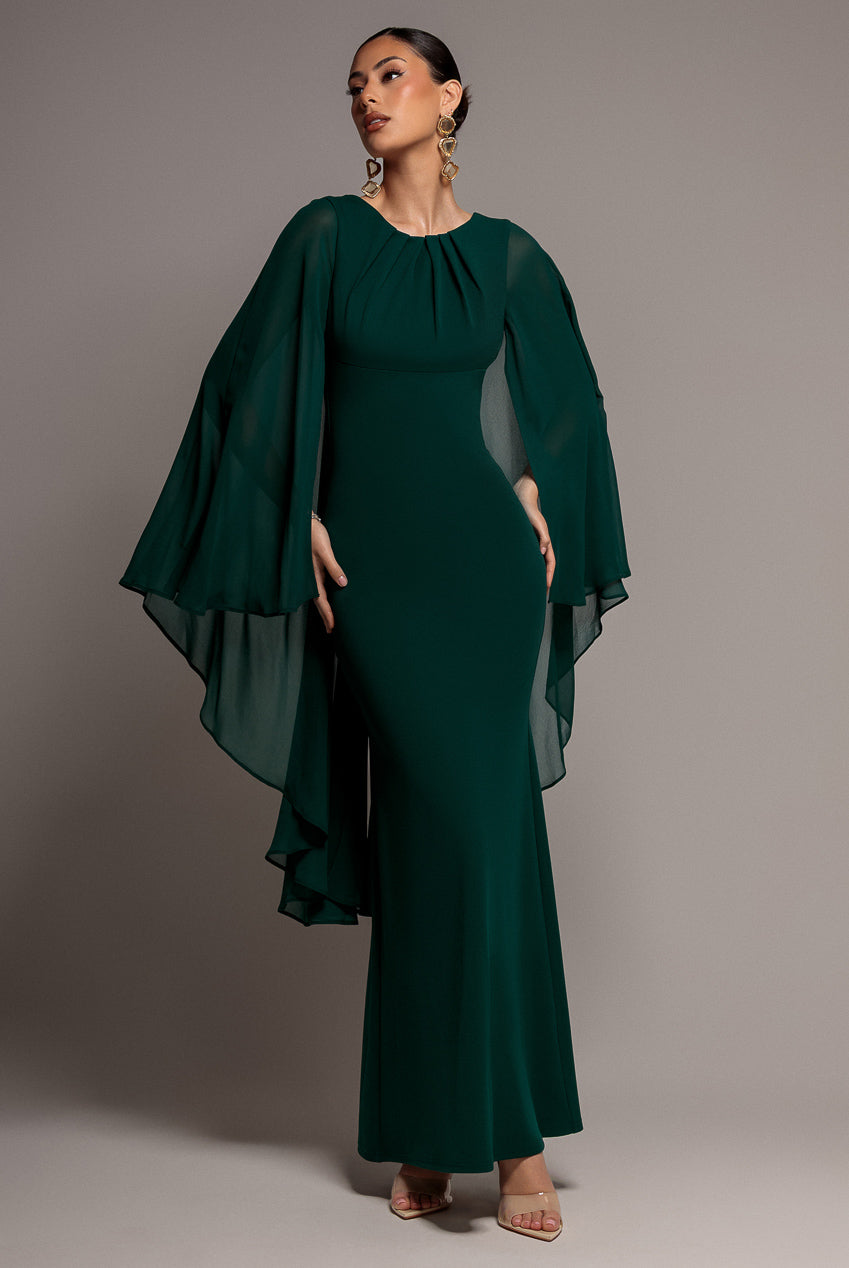 Goddiva Cape Sleeve Chiffon And Scuba Crepe Maxi Dress - Emerald Green