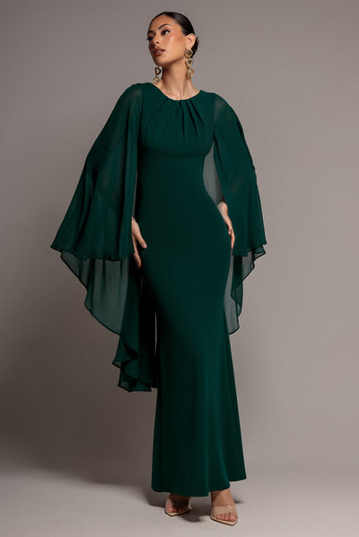 Goddiva Cape Sleeve Chiffon And Scuba Crepe Maxi Dress - Emerald Green
