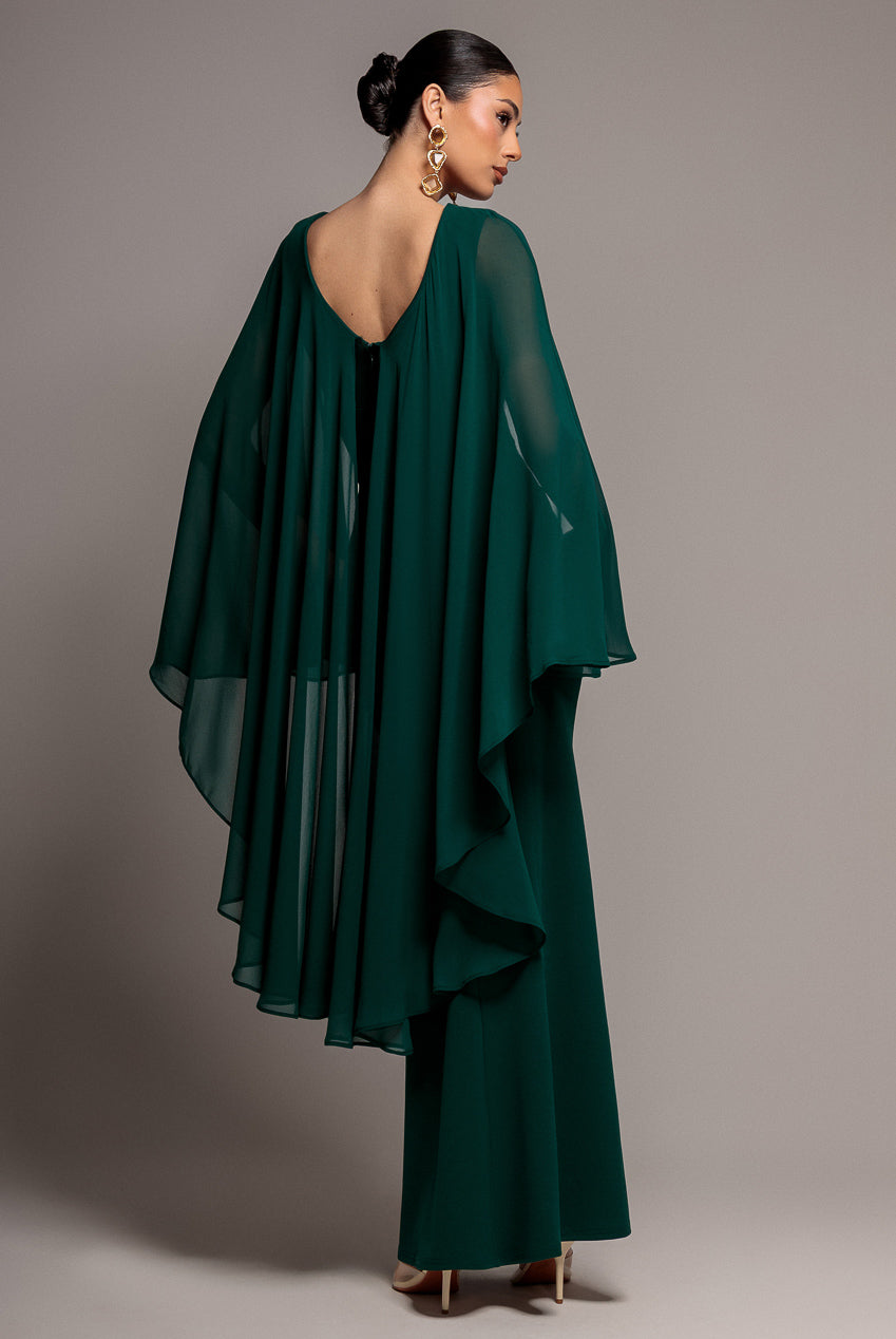 Goddiva Cape Sleeve Chiffon And Scuba Crepe Maxi Dress - Emerald Green