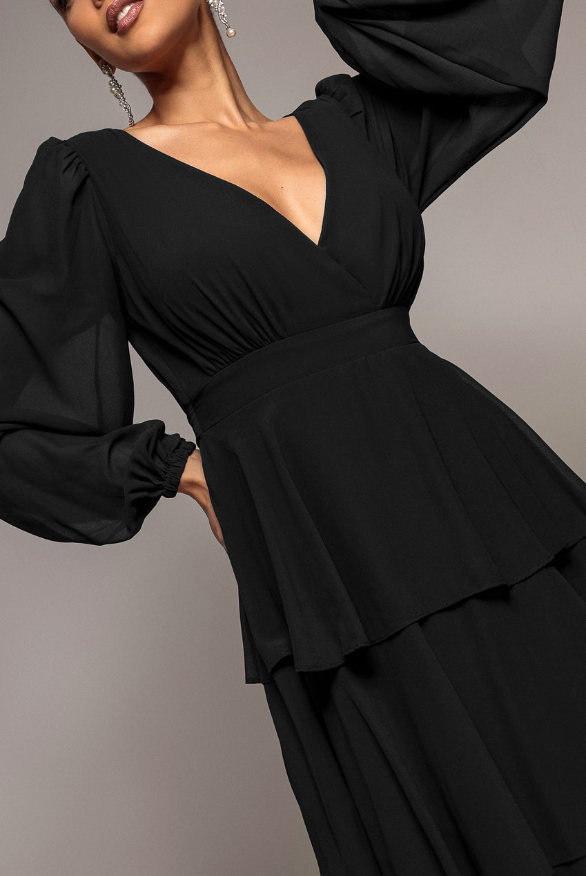 Goddiva Tiered Chiffon Wrap Maxi Dress - Black
