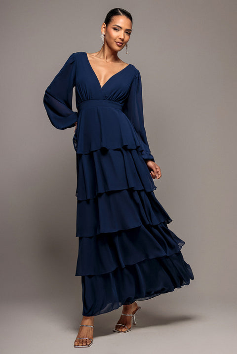 Goddiva Tiered Chiffon Wrap Maxi Dress - Navy Blue