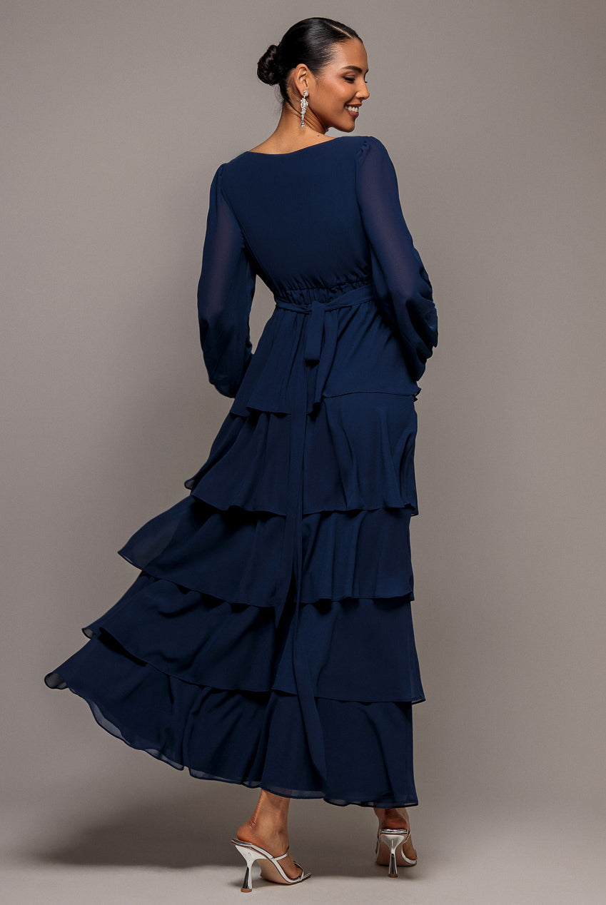 Goddiva Tiered Chiffon Wrap Maxi Dress - Navy Blue