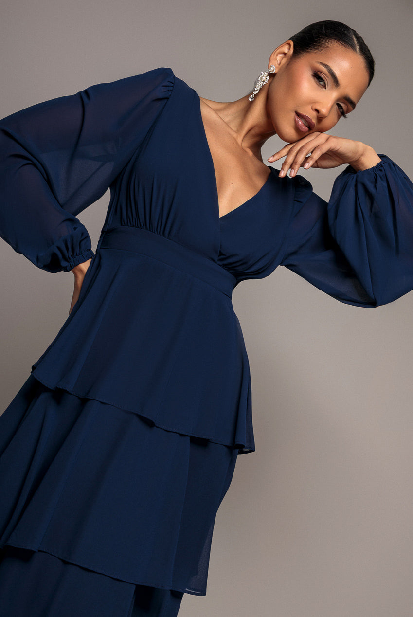 Goddiva Tiered Chiffon Wrap Maxi Dress - Navy Blue