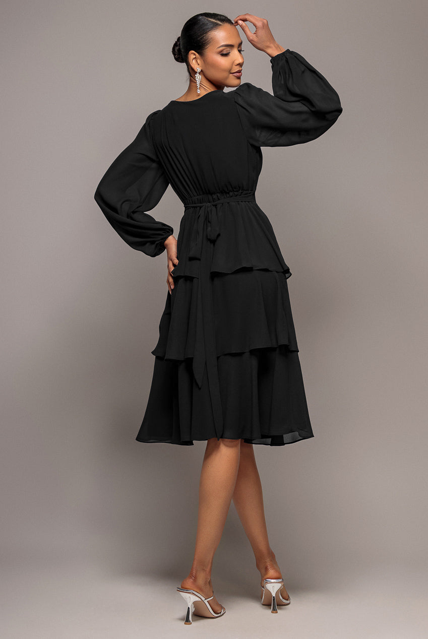 Goddiva Tiered Chiffon Wrap Midi Dress - Black