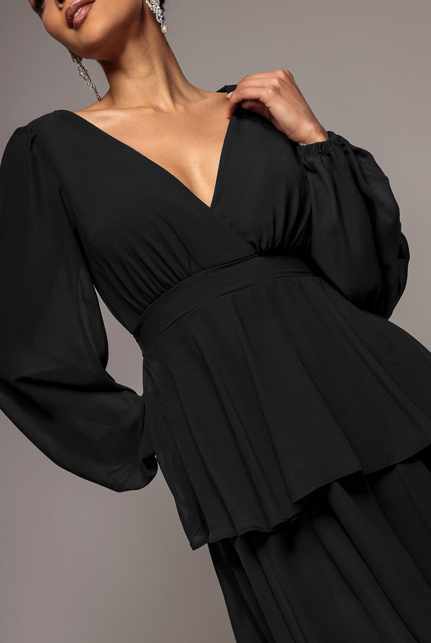 Goddiva Tiered Chiffon Wrap Midi Dress - Black