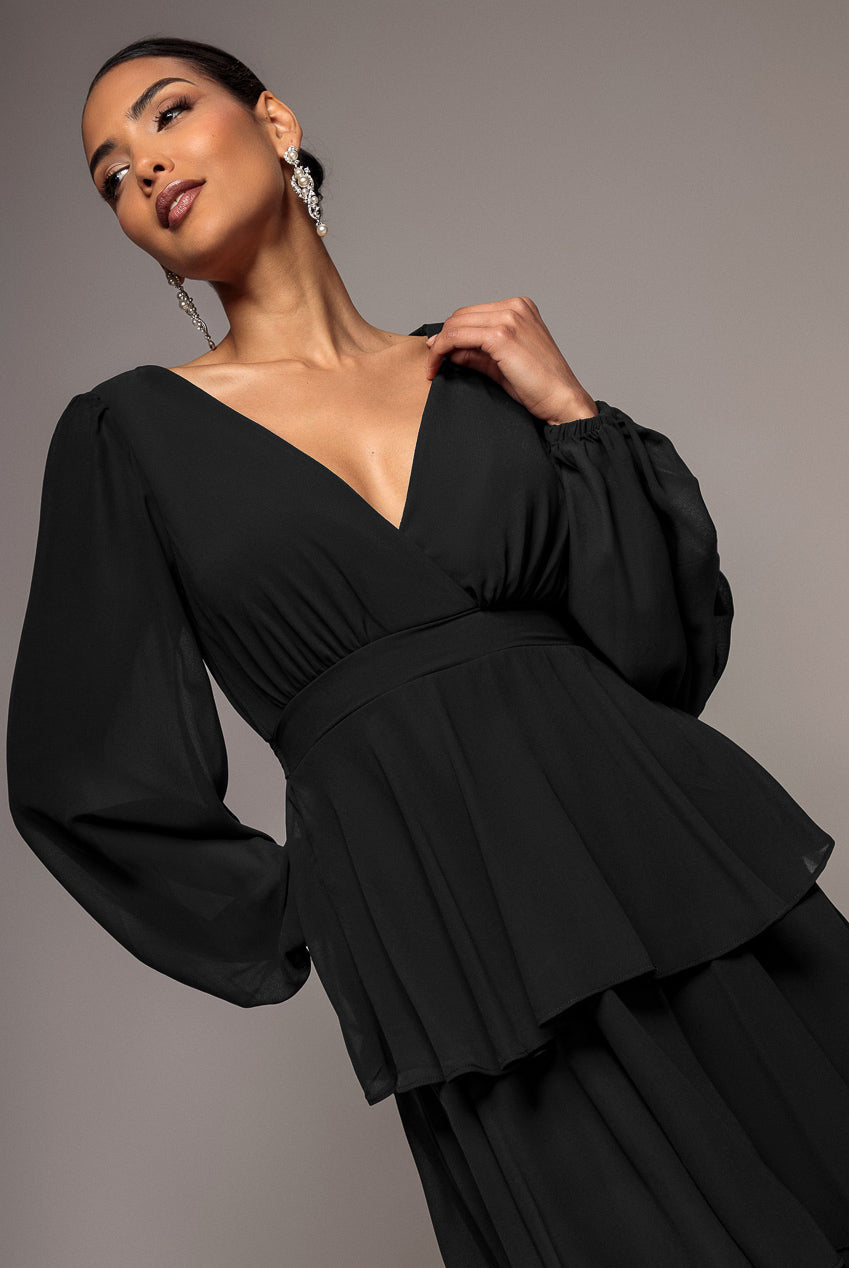 Goddiva Tiered Chiffon Wrap Midi Dress - Black