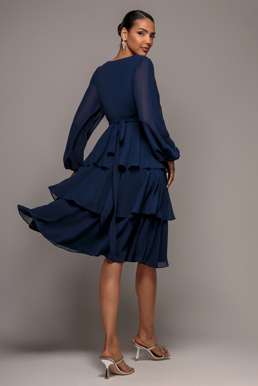 Goddiva Tiered Chiffon Wrap Midi Dress - Navy Blue