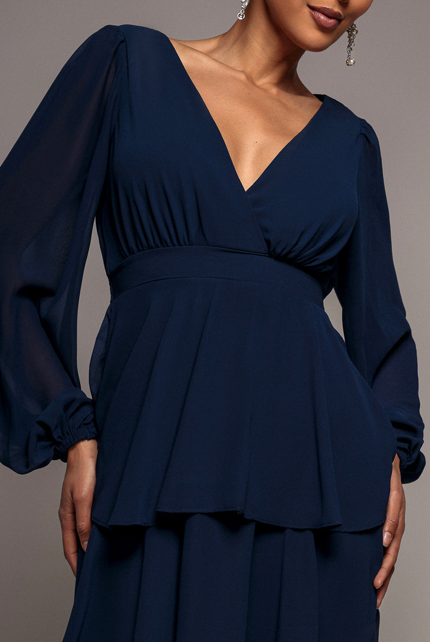 Goddiva Tiered Chiffon Wrap Midi Dress - Navy Blue