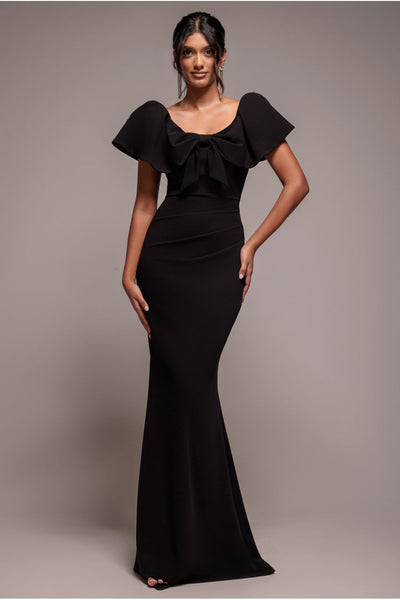Black - Goddiva Cape Sleeve Detail Front Tie Maxi Dress - Black