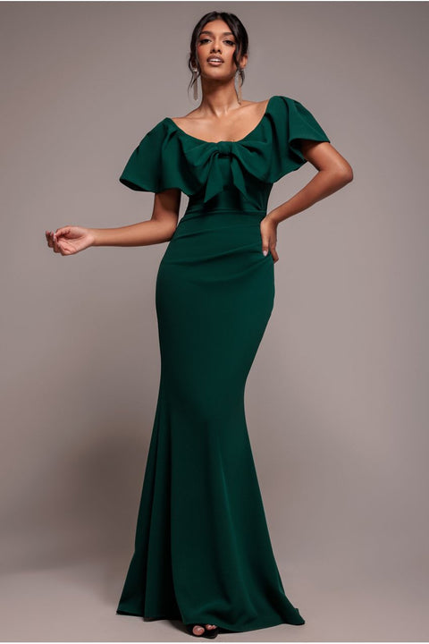 Goddiva Cape Sleeve Detail Front Tie Maxi Dress - Emerald Green