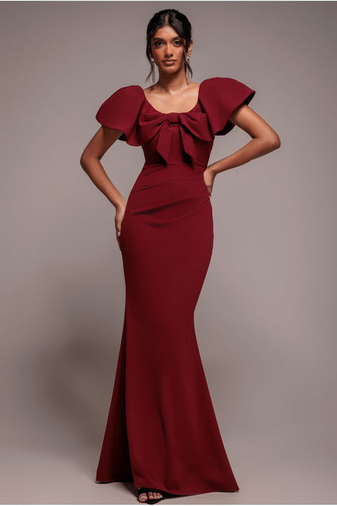 Goddiva Cape Sleeve Detail Front Tie Maxi Dress - Wine