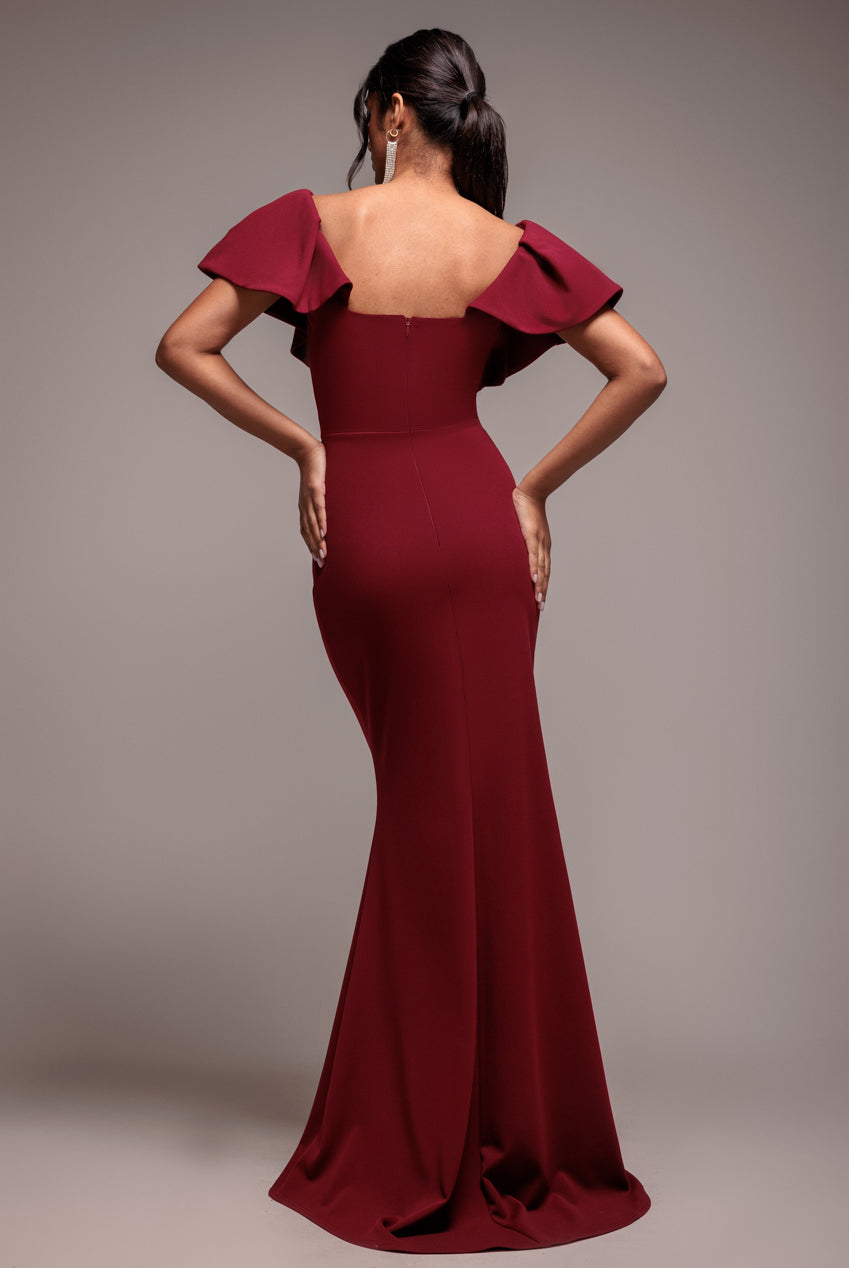 Goddiva Cape Sleeve Detail Front Tie Maxi Dress - Wine