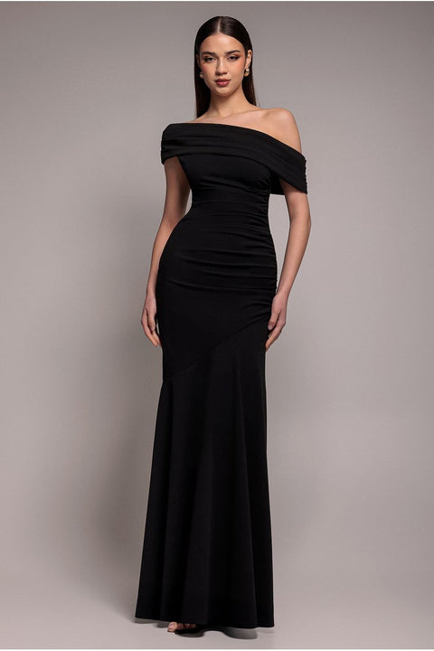 Goddiva Pleated One Shoulder Bardot Fit And Flare Maxi Dress - Black