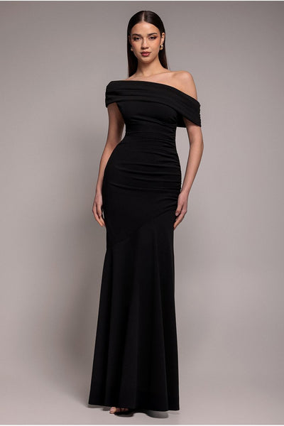 Black - Goddiva Pleated One Shoulder Bardot Fit And Flare Maxi Dress - Black