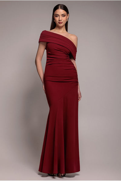 Burgundy - Goddiva Pleated One Shoulder Bardot Fit And Flare Maxi Dress - Burgundy