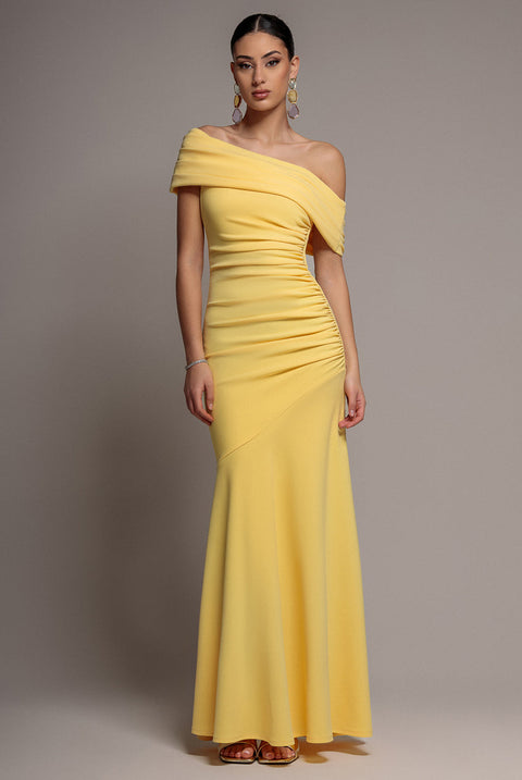 Goddiva Pleated One Shoulder Bardot Fit And Flare Maxi Dress - Butter Yellow