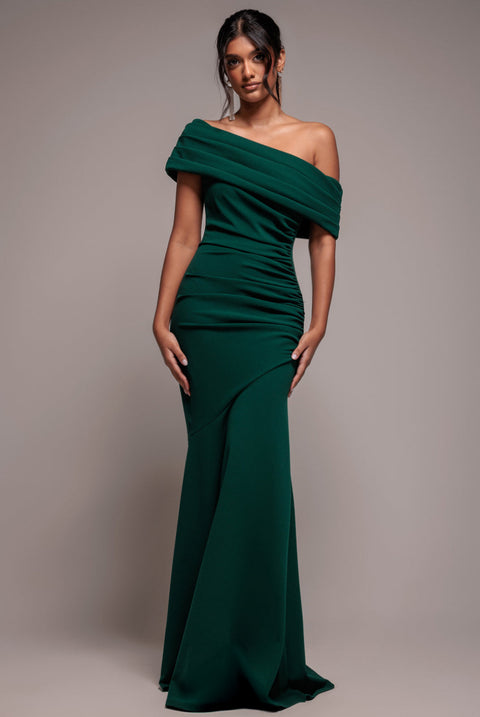 Goddiva Pleated One Shoulder Bardot Fit And Flare Maxi Dress - Emerald Green