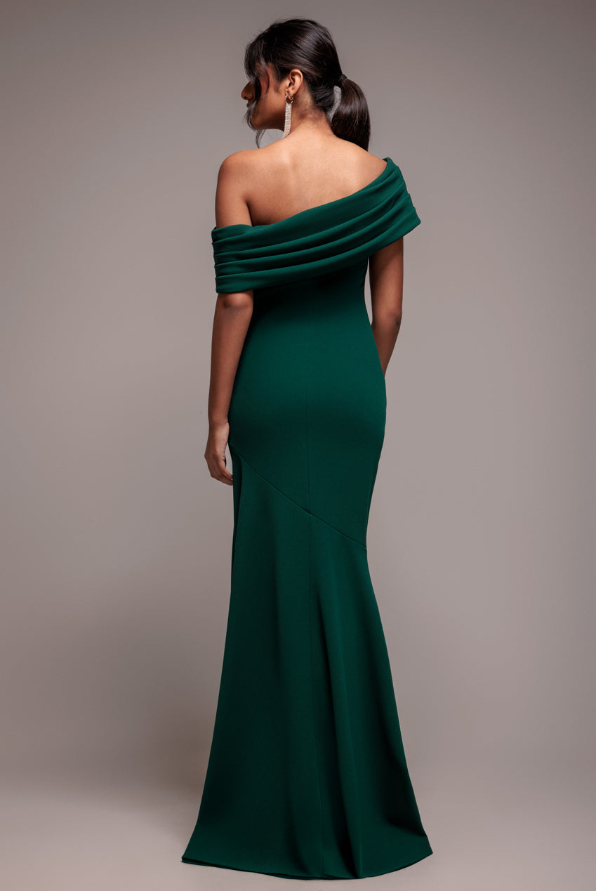 Goddiva Pleated One Shoulder Bardot Fit And Flare Maxi Dress - Emerald Green