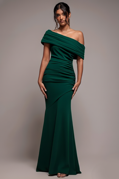 EmeraldGreen - Goddiva Pleated One Shoulder Bardot Fit And Flare Maxi Dress - Emerald Green