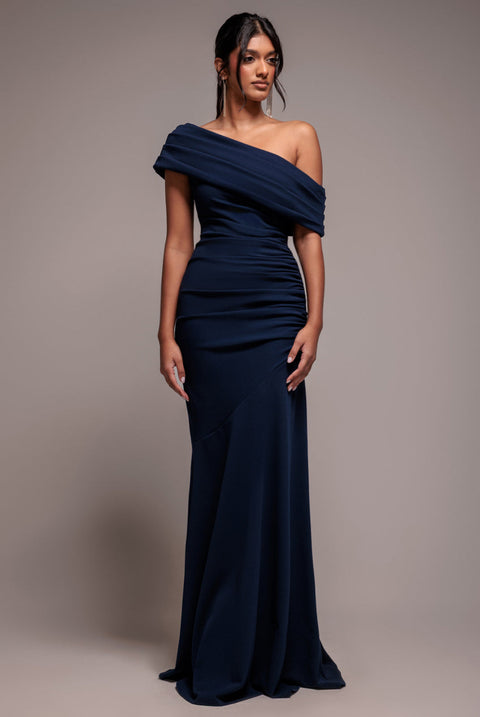 Goddiva Pleated One Shoulder Bardot Fit And Flare Maxi Dress - Navy Blue