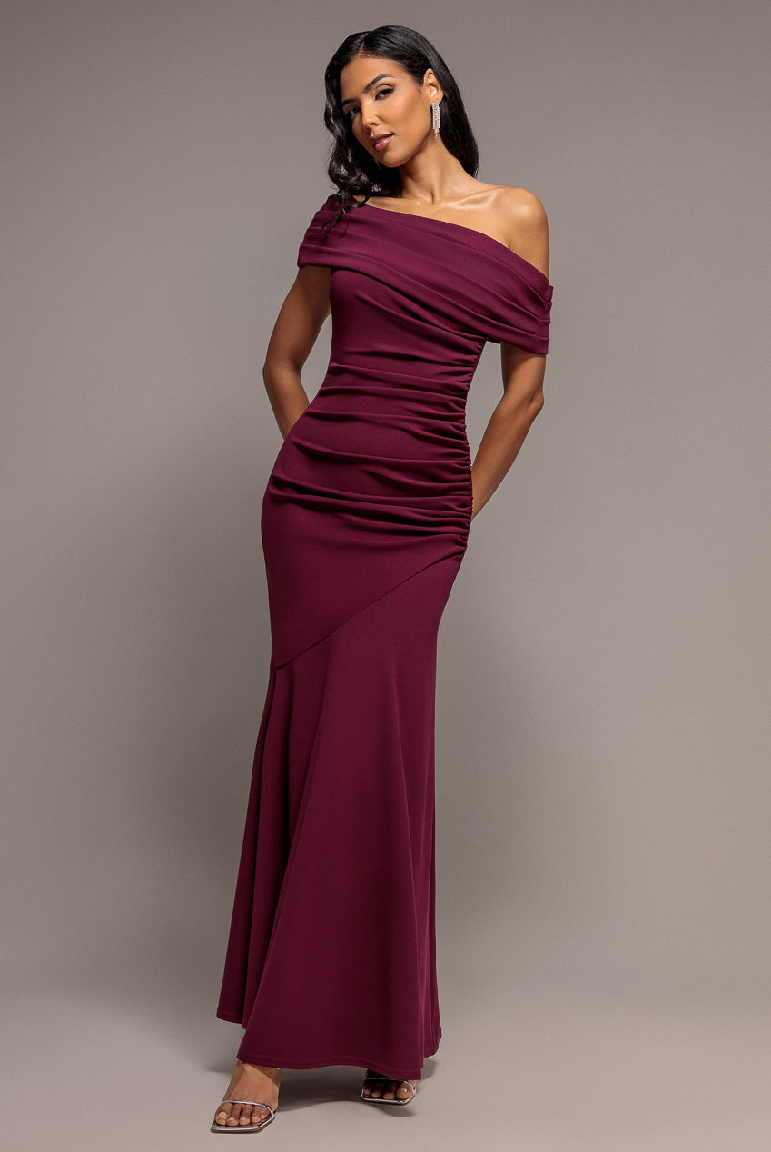 Goddiva Pleated One Shoulder Bardot Fit And Flare Maxi Dress - Plum