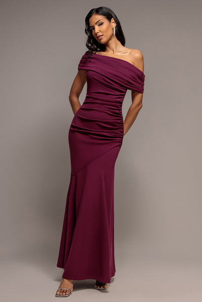 Goddiva Pleated One Shoulder Bardot Fit And Flare Maxi Dress - Plum