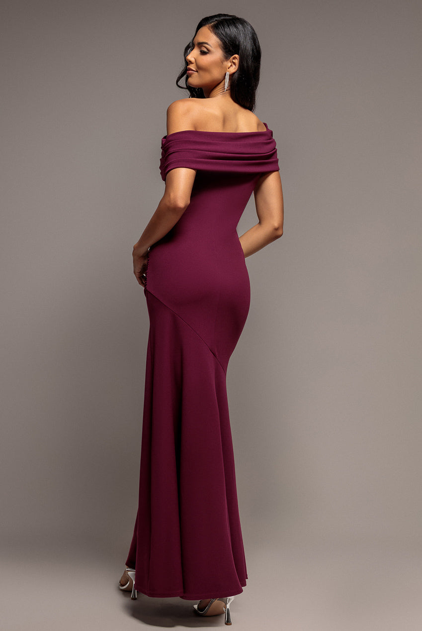 Goddiva Pleated One Shoulder Bardot Fit And Flare Maxi Dress - Plum