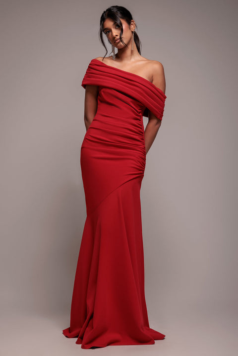 Goddiva Pleated One Shoulder Bardot Fit And Flare Maxi Dress - Red