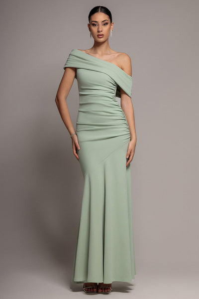 SageGreen - Goddiva Pleated One Shoulder Bardot Fit And Flare Maxi Dress - Sage Green