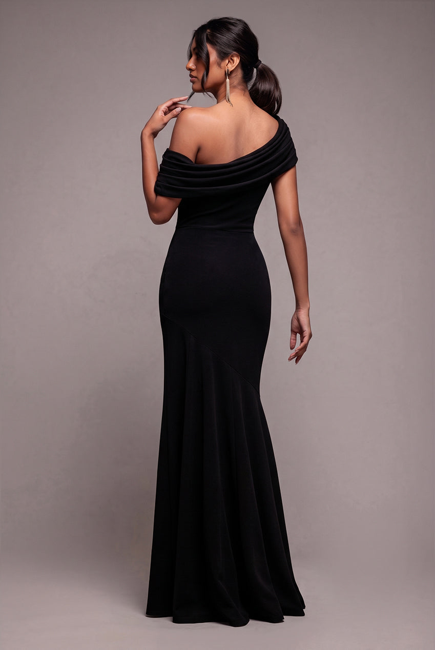 Goddiva Pleated One Shoulder Bardot Fit And Flare Maxi Dress - Black