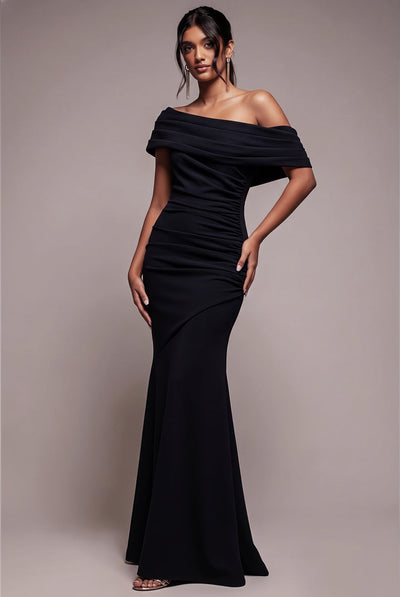 Black - Goddiva Pleated One Shoulder Bardot Fit And Flare Maxi Dress - Black
