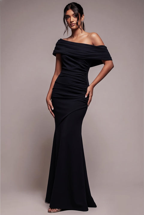 Goddiva Pleated One Shoulder Bardot Fit And Flare Maxi Dress - Black
