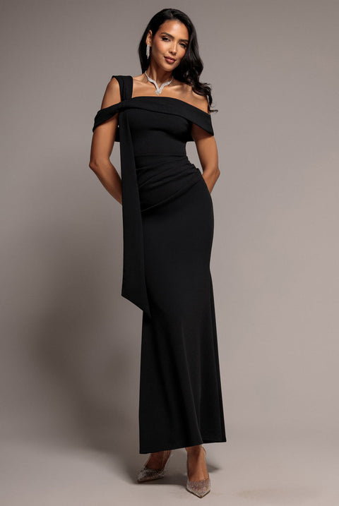 Goddiva One Shoulder Twisted Bardot Asymmetric Mermaid Maxi Dress - Black